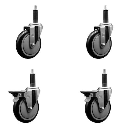 Service Caster 5'' Black Poly Wheel Swivel 1'' Expanding Stem Caster Set 2 Brakes, 4PK SCC-EX20S514-PPUB-BLK-2-PLB-2-1